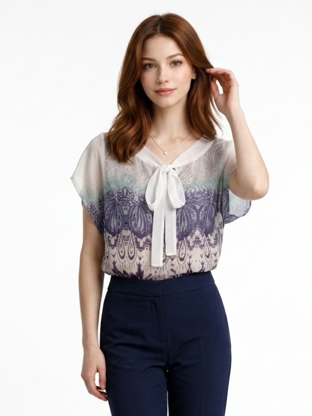 CAbi White, blue and Gray Cap Sleeved Tie Front Blouse